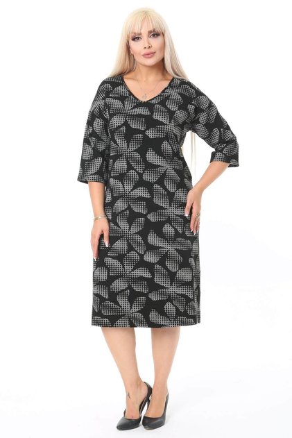 Women's Black Floral Pattern Three Quarter Sleeve Plus Size Stretchy Winter Dress