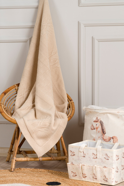 Toffy Beige Checkered Knitted Acrylic Single Baby Kids Blanket 100X100