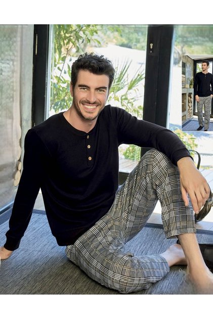 Men's Waffle Textured Long Sleeve Pajama Set 240745