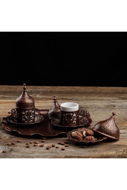 Handmade Turkish Coffee Set: Copper, Cups, Saucers, Sugar Bowl