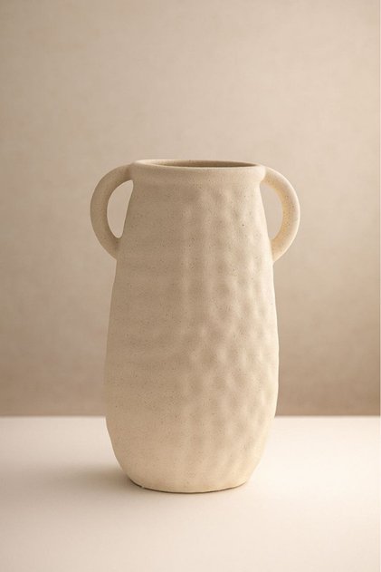 Beige ceramic vase with elegant side handles for modern decor