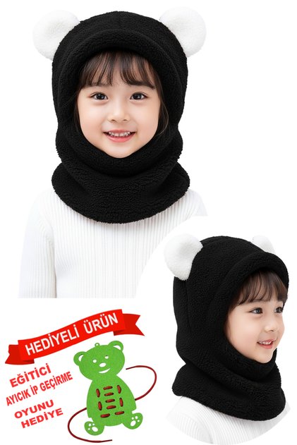 Cute Teddy Bear Panda Children's Hooded Ear Plush Beanie Welsoft Windproof Hat with Neck Collar
