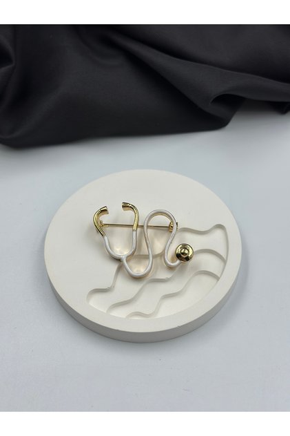 Gold Beyaz Mineli Steteskop Doktor Meslek Broşu Yaka İğnesi