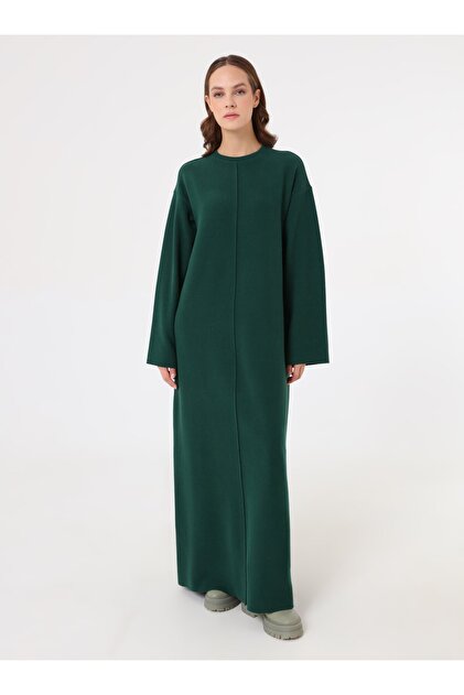 Soft Buttoned Stitching Detailed Hijab Dress - Emerald Green -