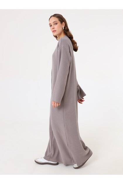 Soft Buttoned Stitching Detailed Hijab Dress - Dark Gray -