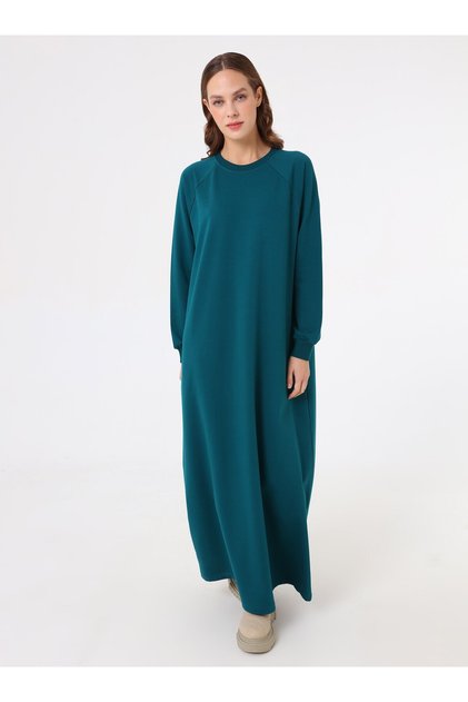 Soft Buttoned Hijab Dress - Dark Emerald -