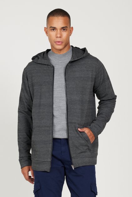 Black-Gray Standard Fit Regular Cut Hooded Zippered Sweatshirt Jacket