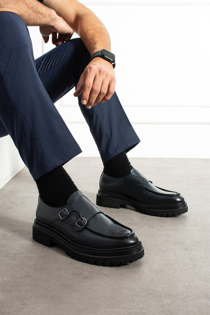 Men's Navy Blue Genuine Leather Double Buckle Eva Sole Casual Shoes