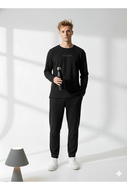 Unisex Corded Fabric Crew Neck Long Sleeve Printed 2-Piece Set