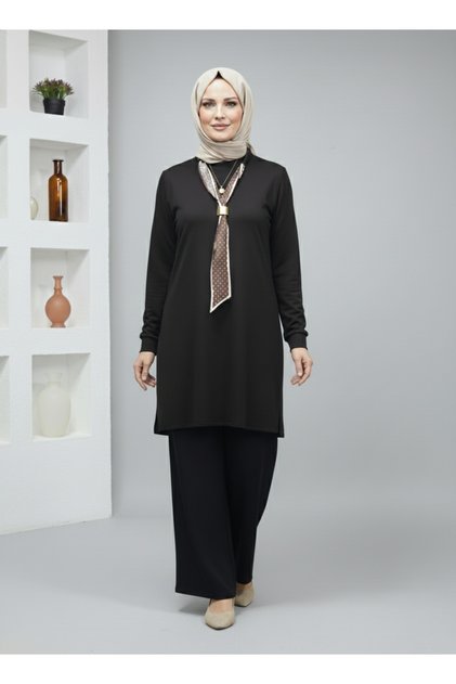 Kadın Siyah Oversize Fular Detaylı Tunik