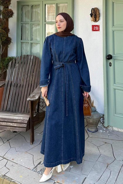 Six-Stitched Hijab Dress Dark Blue