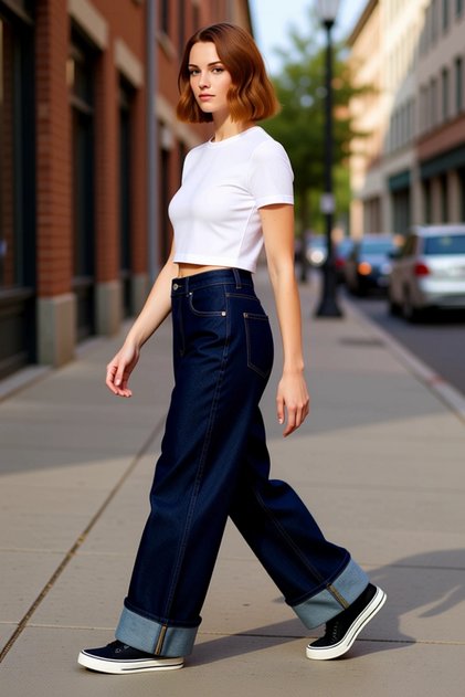 Kadın Koyu Wide Leg Jean Pantolon Paça Katlamalı Normal Bel Fonksiyonel Dayanıklı Kaliteli