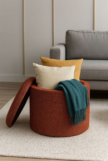 Handmade X Large Turuncu Dokuma Kumaş Sandıklı Silindir Dekoratif Pufidik Puf Bench
