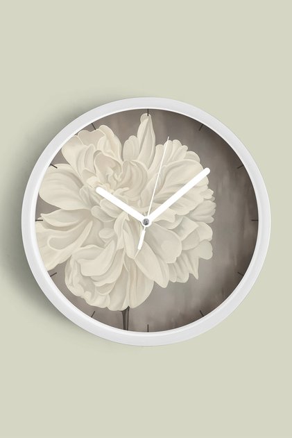 Ceas de perete modern cu model floral crem - Dimensiune medie 30 cm - Carcasă albă - Silențios, cu sticlă