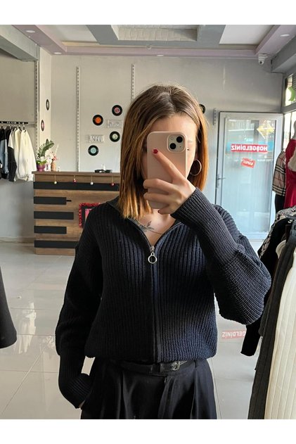 Navy Blue Knitwear Full Zip Cardigan Turn-Down Trucker Collar