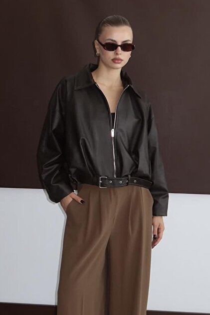 PRİFALDİ Zr Oversized Belted Bomber Brown Leather Jacket- Trendyol