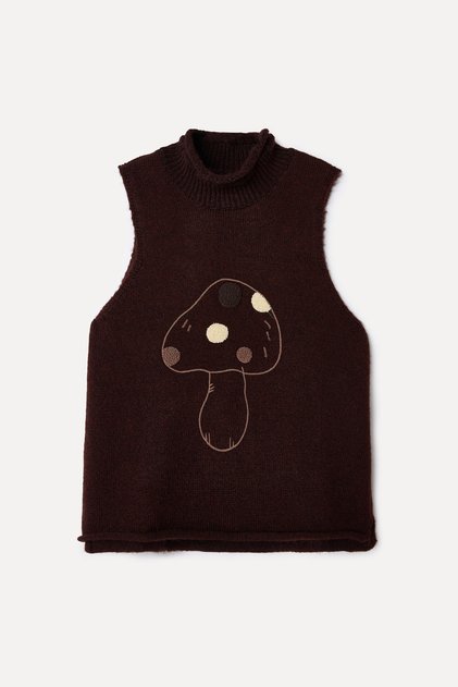 Women's Brown Embroidered Crop Sleeveless Sweater