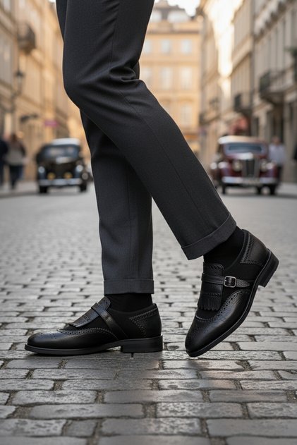 Neolit ​​Sole Modern Design Single Buckle Detailed Genuine Leather Classic Men's Shoes