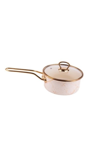 Oală emailată cu mâner, 18x9 cm, 2 L, mânere din titan auriu, capac de sticlă, inducție, bej