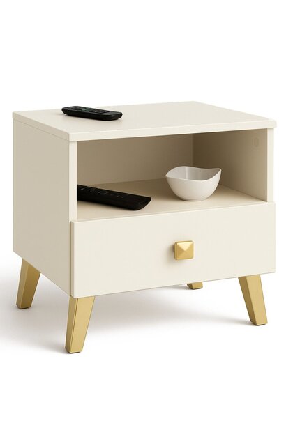 Comodă MOBI K01 cu sertar și raft deschis, laminată 16 mm, 40x37x43 cm, bej și auriu