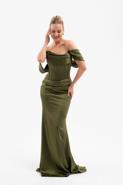 Rochie de seară lungă din satin, cu decolteu barcă, cu mărgele, pentru femei, kaki