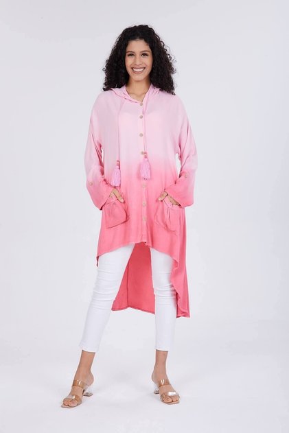 Women's Powder Tie-Dye Patterned Hooded Tunic