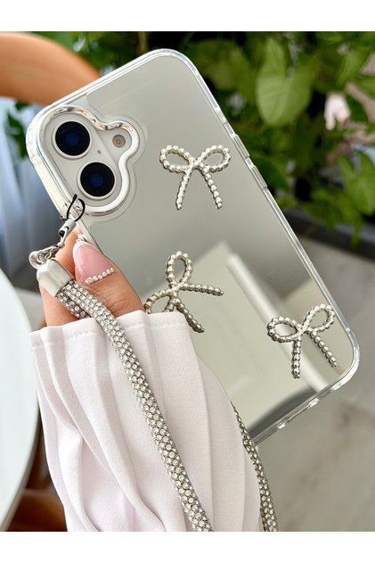 Iphone 16 Uyumlu Aynalı Charmlı Fiyonk Tasarımlı Silikon Kılıf