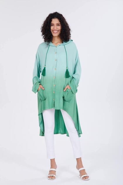 Women's Green Tie-Dye Patterned Hooded Tunic