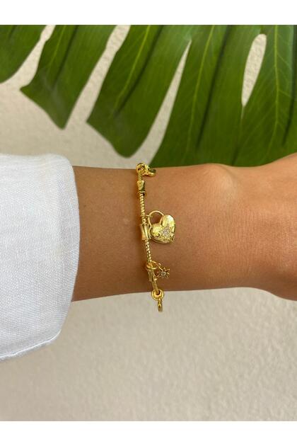 Pndr Model Open Heart Stone Zircon Charm Adjustable Gold Bracelet