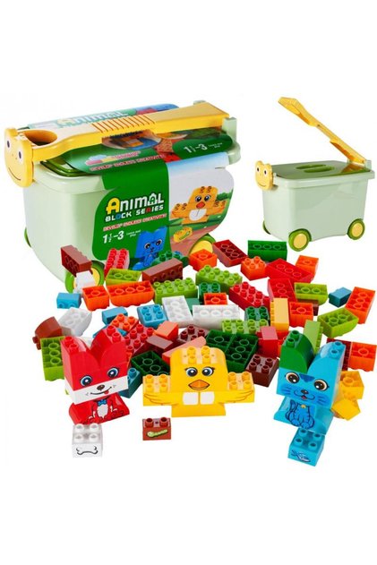 Set de construit pentru copii Malplay, Troller pe roti incarcat cu 90 de cuburi multicolore