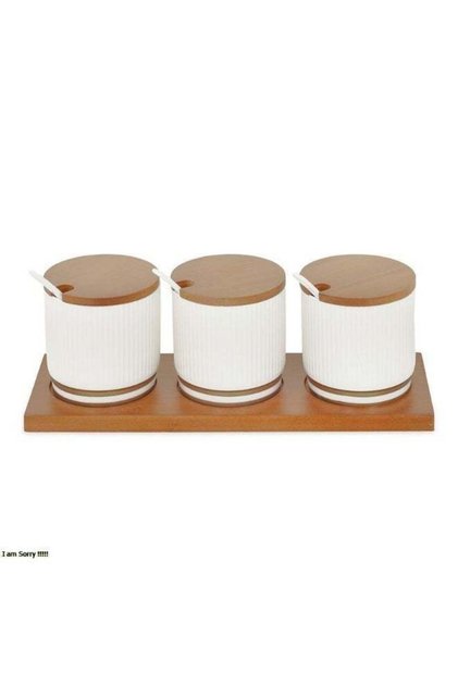 3-Pcs Ceramic Seasoning Jar Set with Wooden Lids and Tray