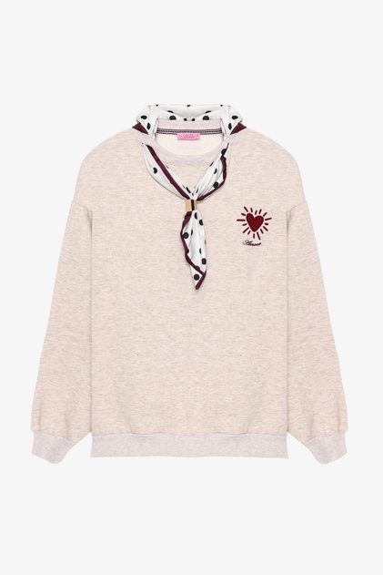 Kalp Nakışlı Fular Detaylı Sweatshirt Bej