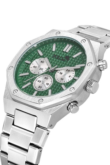 Octagon Case Men's Wristwatch Matte Silver Green Color Pl-7025E3X