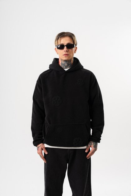 Hanorac cu glugă pentru bărbați, cu broderie, cu glugă supradimensionat fleece, negru