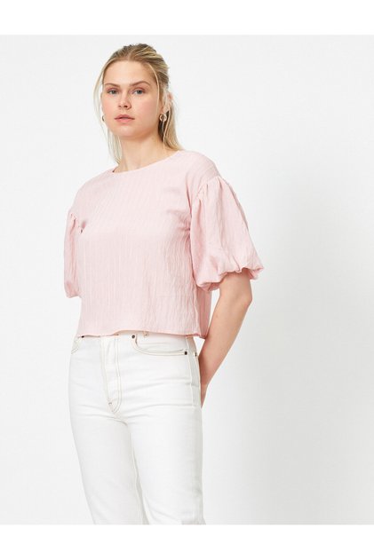 Crew Neck Short Sleeve Flared Sleeves Blouse