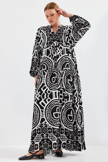 Women's Patterned Long Hijab Dress 1010 - Black5