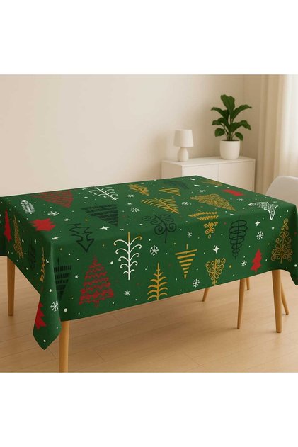 Duck Linen Fabric Christmas Themed Tablecloth – New Year Pine Tree Pattern, Stain Resistant, Stylish Design