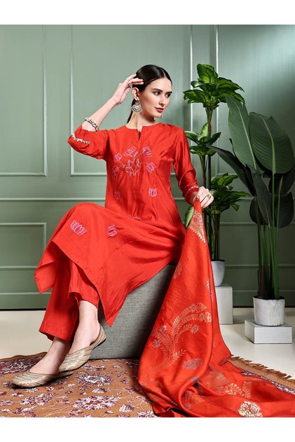 Solid Lotus Embroidered Muslin Silk Straight Kurta Pant Dupatta Set | Indian Festive Dress for Women