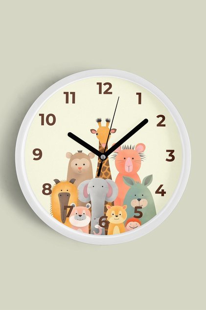 Sevimli Hayvanlar Çocuk Odası Modern Duvar Saati - Orta Boyut 30 cm - Beyaz Kasa - Camlı Sessiz