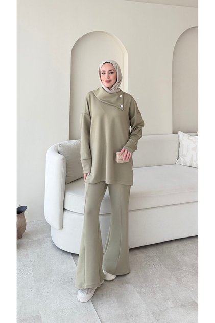 Women's Stone Shawl Collar Double Scuba Suit M7083 - Green