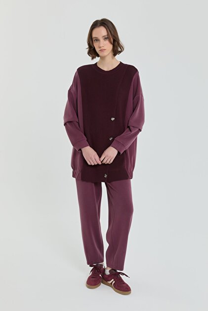 Triko Kombinli Örme Pantolon Tunik Takım Bordo