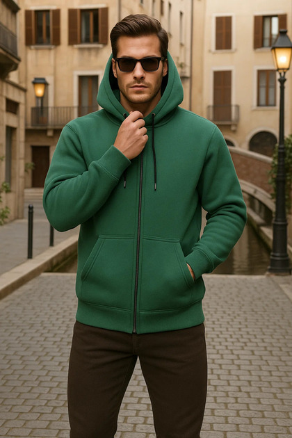 Men's Winter Hooded Green Zippered Oversized Sweat