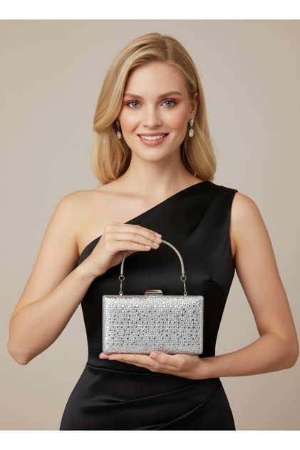 Silver Crystal Stone Chain Handle Women's Evening Dress Bag