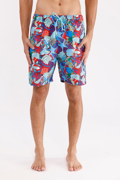 Nautical Themed Patterned Lightweight Textured Drawstring Waist Adjustable Side Pockets Above Knee Relaxed Fit Sea Shorts