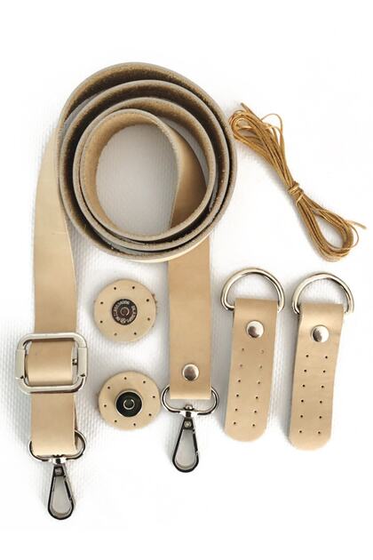 Genuine Leather Bag Handle Silver Accessory (120 Cm), Magnetic Snap, Waxed Rope Set - Bone