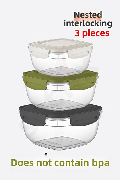Fresh Box Nesting Square Storage Container with Locking Lid, 3-Piece Kitchen Cabinet Organizer Set (500, 900, 1500 ml)