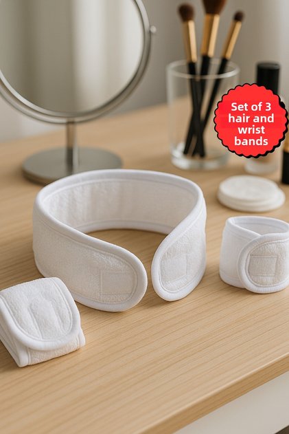 White 3-Piece Set 2 Water Absorbent Towel Wristbands Face Washing Armband Sports Band & 1 Hair Band Set