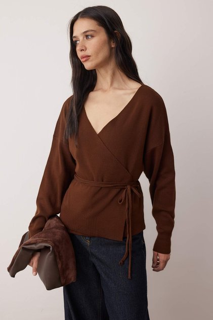 Brown Double Breasted Collar Knitwear Cardigan Tedaw25Hi00025
