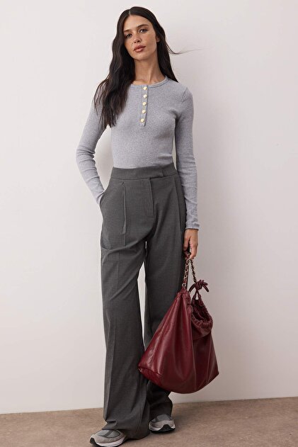 Trendyolmilla Gri Wide Leg/Geniş Paça Yüksek Bel Dokuma Pantolon