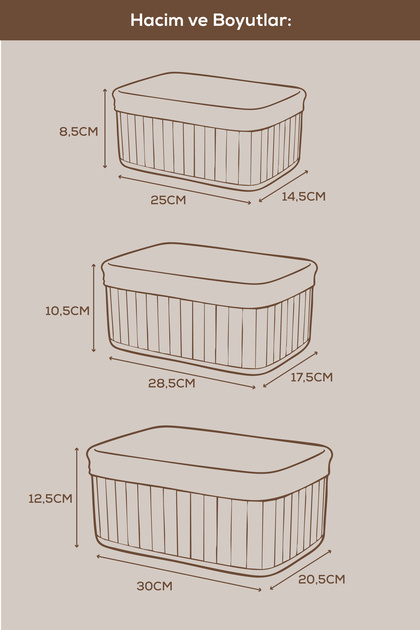 Vienev 3'lü Set Dikdörtgen Bambu Organizer Sepet | Banyo Mutfak